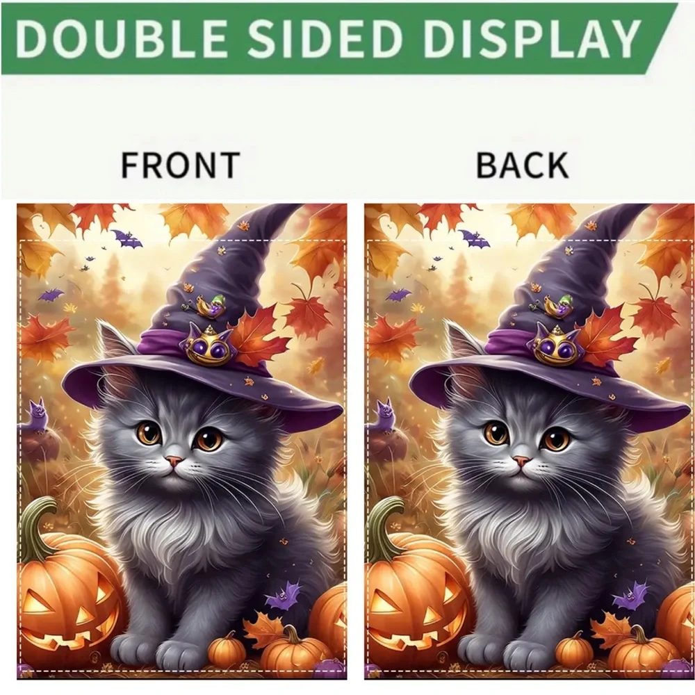 Garden Flag, 12”x18”, Halloween Witch Cat, Burlap Polyester Doublesided